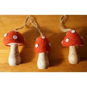 3 Polka Dot Felt Gnome Dome Mushroom Christmas Ornaments Country Lodge Decor NEW